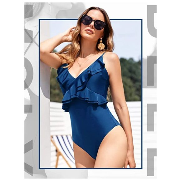 New MOLYBELL Women One Piece Ruffle Swimsuit Plunge Backless Bathing Suit Teal L - Picture 3 of 3